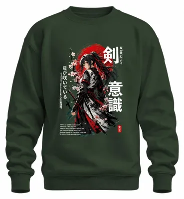 Obrázek produktu pro Anime, samuraj, válečnice, katana, třešňové květy, Japonsko, styl Y2K, manga, mikina, svetr, zelená, velikost XXL