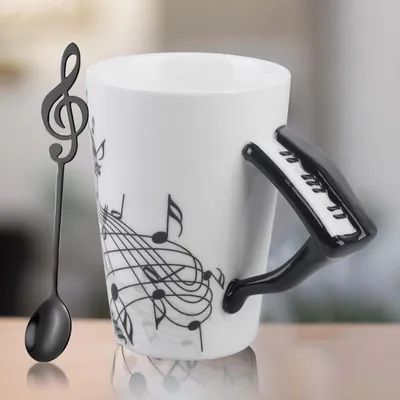 Image de Tasse à café en porcelaine de 250 ml, avec cuillère, motif musical (piano), anse en céramique