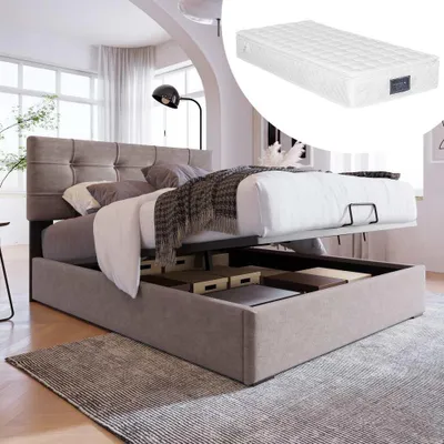 Produktbild von Hydraulisches Polsterbett mit Stauraum und verstellbarem Kopfteil, Samtstoff, modernes Design, hellgrau, inklusive Lattenrost,  90x200 cm