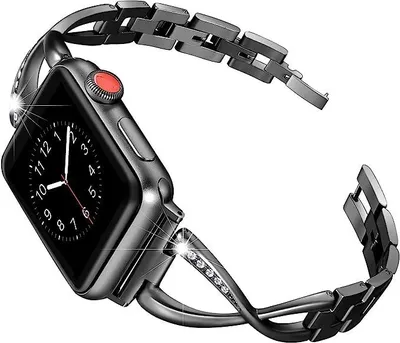 Produktbild von FFO2World elegantes Damen-Metallarmband mit Diamanten für Apple Watch 46/45/44/42/49 mm (inkl. Ultra) – Schlankes Edelstahlarmband – Schwarz
