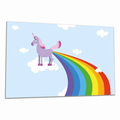 Produktbild von Wallario Herdabdeckplatte aus Glas, Größe 90 x 52 cm 1-teilig, Motiv Einhorn mit Regenbogen aus dem Hintern