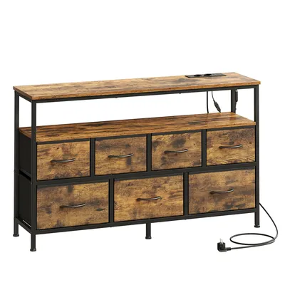 Produktbild von SONGMICS Kommode mit LED-Beleuchtung, Sideboard, Schubladenschrank für Wohnzimmer, mit Ladestation, 7 Schubladen, braun-schwarz
