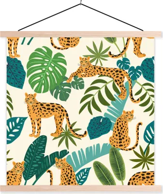 Produktbild von MuchoWow® Textilposter Dschungel - Leopard - Pflanzen - Muster - Mädchen - Jungen 40x40 cm mit holzfarbenen Rahmen - Posterleiste