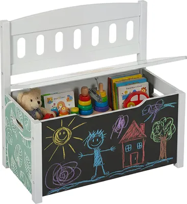 Obrázok produktu pre Detská lavica Relaxdays s úložným priestorom, tabuľkou, operadlom, rozmery: 55,5 x 57 x 30 cm, pre deti, s motívom leva, debna na hračky, farebná