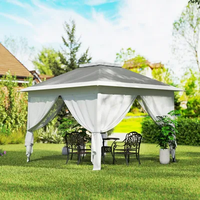 Produktbild von Faltpavillon 3x3 m, Gartenpavillon Pop-up klappbar, Metallgestell, Netzvorhänge, Dunkelgrau | 330x330x288 cm | 3-stufig höhenverstellbar