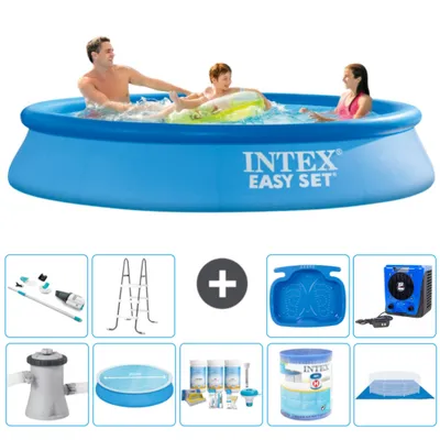 Produktbild von Intex runder aufblasbarer Easy Set-Schwimmpool – 305 x 61 cm – Blau – inklusive Pumpe Sonnensegel - Wartungspaket - Filter - Bodenplane - Staubsauger - Leiter
