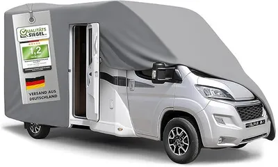 Produktbild von Premium Wohnmobil Abdeckplane, 100% wetterfeste Wohnmobilabdeckung, wasserdichte Wohnmobilplane mit UV-Schutz, Schutzhülle für Reisemobile + Aufbewahrungstasche 680x250x225cm (Dachlänge: 605cm)