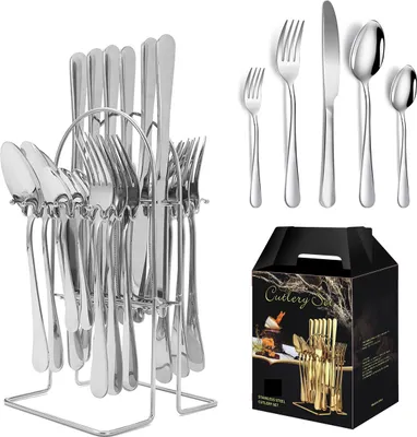 Produktbild von Besteck-Set Besteckset,30 Stück Edelstahl Besteck Set 6 Personen,Spiegelpoliert, für Restaurant Party Hochzeit,Spülmaschinenfest,mit Ständer