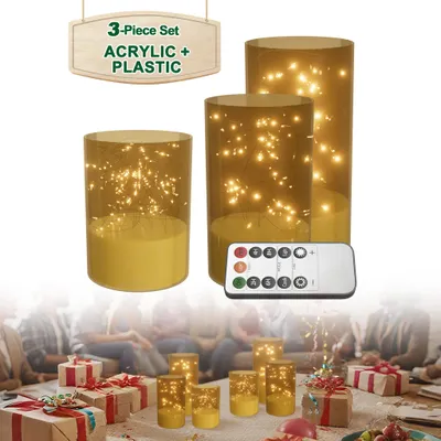 Produktbild von LZQ LED Kerzen 3er Set Gold, Flammenlose Säulenkerzen Ø7,5 x 10/12,5/15 cm, Fernbedienung, Timer, Lichtdraht, Batteriebetrieben, Batteriebetrieben,Indoor&Outdoor