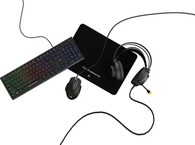 Produktbild von MOBILITY Aquila Gaming 4-in-1 RGB Kit: USB Tastatur, Headset, Maus, XL Mauspads (schwarz)