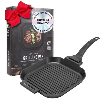 Gusseisen-Grillpfanne 26x26 cm, abnehmbarer Griff, für Induktion & Ofen