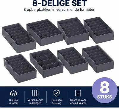 Produktbild von Famanu Aufbewahrungsboxen für Unterwäsche - Organizer für Kleiderschrank - Set von 8 in Grau