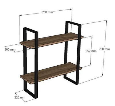 A 3D rendering of a two-shelf wall-mounted bookshelf with dimensions indicated.