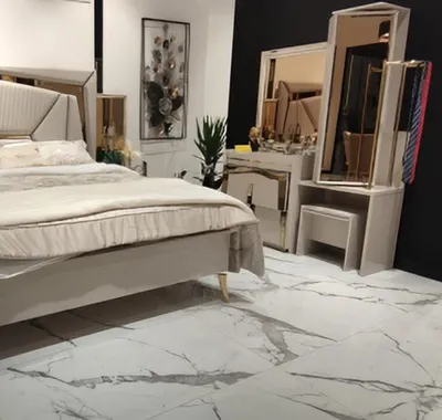 Produktbild von Doppelbett Nachttische mit Spiegel Schminktisch Beige Gold Schlafzimmer