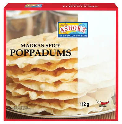 Immagine prodotto di Ashoka Pappadums Madras 112g – Cracker indiani croccanti di lenticchie, snack e contorno