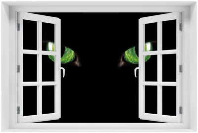 Produktbild von Wallario Premium Glasbild mit Fensterrahmen, freischwebende Optik, kräftige Farben, Größe 60 x 90 cm Motiv Grüne Katzenaugen bei Nacht