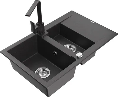 Produktbild von Mexen Gaspar 1,5-Becken-Granitspüle mit Abtropffläche und Mischbatterie Rita, Schwarz gesprenkelt - 6507-76-670300-76