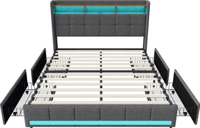 Immagine prodotto di 160x200 struttura letto LED e 2 USB, Type-C, letto imbottito letto matrimoniale con 4 cassetti, lino, grigio