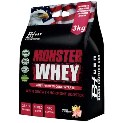 Produktbild von MONSTER Whey Protein 3kg Banane Erdbeere – Premium Whey Protein für Muskelaufbau, Kraft & Regeneration | Fitness Supplement | Black Hammer USA