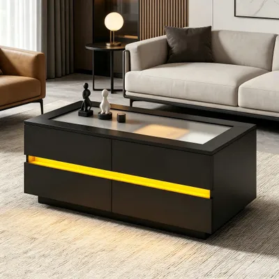 Productafbeelding van Salontafel 100x50x40 cm, 100% spaanplaat, zwart glas met 4 lades, gehard glas, LED-verlichting, hoogglanzende fronten