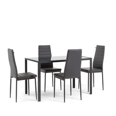 Produktbild von Essset mit Tisch 120×70 cm aus Metall und gehärtetem Glas und 4 gepolsterten Stühlen aus Kunstleder – modernes, elegantes und pflegeleichtes Design – ETTORE + LIDIA – Dunkelgrau