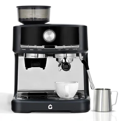 Obrázek produktu pro Espressova kávovar s mlýnkem – poloautomatický kávovar – tlak 15 bar – mlýnek s 30 stupni nastavení – odnímatelná nádržka na vodu o objemu 1,5 litru – nerezové pouzdro – černá barva