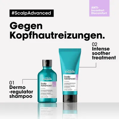 Two L'Oréal Professionnel Scalp Advanced products are displayed against a white background, with text overlays describing their benefits.