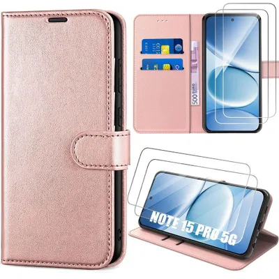 Image de Coque + 2 Verres Trempés pour Xiaomi Redmi Note 15 Pro 5G, Cuir Synthétique Anti-Rayures Rose