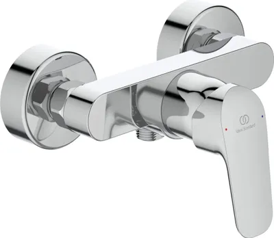 A chrome-finished shower mixer faucet mounted on a white background.