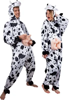 A man and a woman wearing cow costumes.