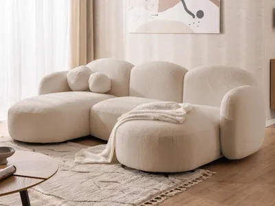 Produktbild von Nuvola - Moderne Wohnlandschaft aus Hellbeige Bouclé mit abgerundetem Design und hohem Sitzkomfort
