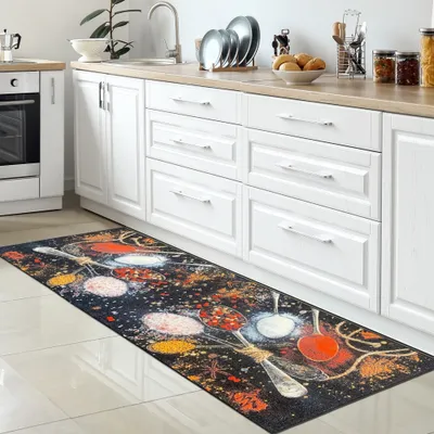 Produktbild von Waschbarer Küchenläufer I schwarz I Gewürzen in gelb rot mit Löffeln Größe - 80 x 300 cm