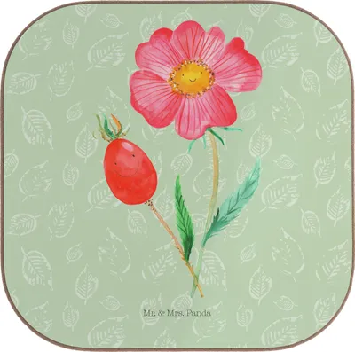 Produktbild von Mr. & Mrs. Panda Tassenuntersetzer Blume Hagebutte - Blattgrün - Geschenk, Design Untersetzer, bieruntersetzer, Garten, Tischschoner, Glas, Lebensfreude, Tischuntersetzer