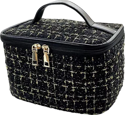 Produktbild von Kosmetiktaschen-Set mit karierter Textur, Reißverschluss, großes Fassungsvermögen, innere Netztaschen, Retro, tragbar, mit Griff, Aufbewahrung von Toilettenartikeln, Kulturbeutel, Reise-Make-up-Organizer für draußen