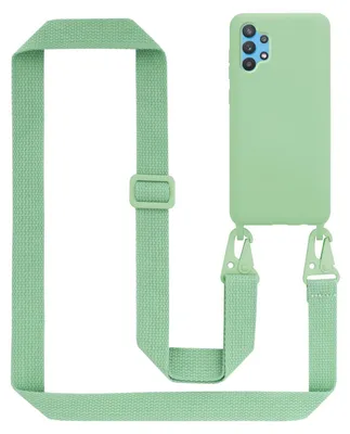 A light green phone case with a matching lanyard is displayed against a white background.