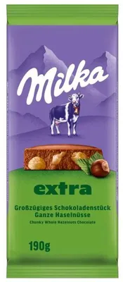 Productafbeelding van Milka EXTRA Chocolade met hele noten, met hele hazelnoten, 190g
