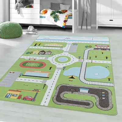 Produktbild von TapisTrend Kinderteppich Grün 120x170 cm Kurzflor- mit Verkehrsmotiv