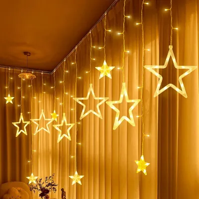LED-Sternenvorhang, 138 LEDs, 12 Sterne, warmweiß, 2,3 m, 8 Modi, Timer