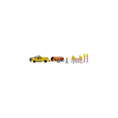 Immagine prodotto di SIKU 3505, pick-up RAM 1500 con rimorchio compressore, barriere e figura, 1:50, metallo/plastica, giallo/arancione, Incl. figura giocattolo e barriere