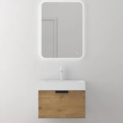 Immagine prodotto di doporro Mobile Bagno Sospeso 60x35cm, Mobiletto per Bagno con Lavabo Bianco e Specchio LED Seria Lonato, Marrone chiaro