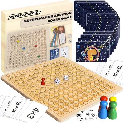 A multiplication and addition board game made of wood, with game cards, dice, and player pieces.