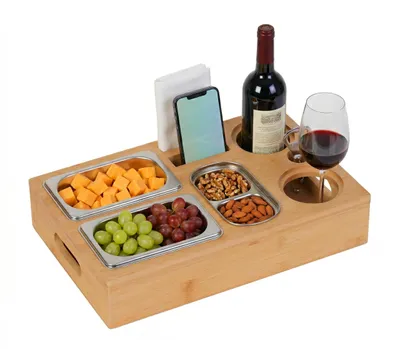 Image de Relaxdays Couchbar, bambou, 3 coupelles en acier inoxydable pour les snacks, support pour bouteilles, verres et téléphone portable, plateau de canapé, couleur naturelle