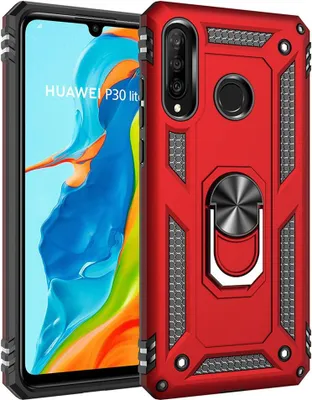 Produktbild von LaimTop Huawei P30 Lite Hülle, Hybrid Robuste Rüstung Drehbarer Ring Halter Ständer Dual Layer Hard PC + TPU Stoßfest Schutzhülle für Huawei P30 Lite Rot