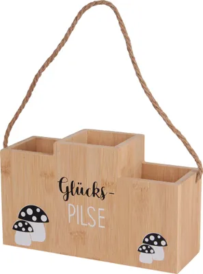 Produktbild von UNUS® Flaschenhalter aus Bambus „Glücks-Pilse“ Design, für 3 Flaschen, mit Kordel