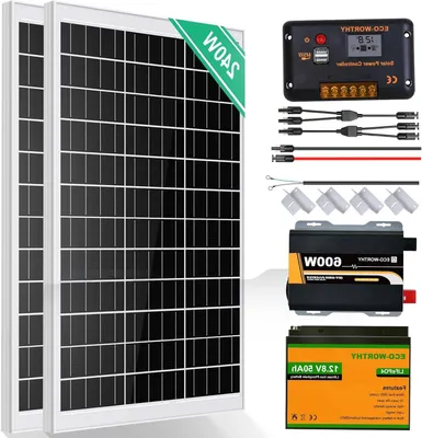 Imagen del producto de Kit de paneles solares con dos paneles de 120W y un inversor de 600W para sistemas autónomos