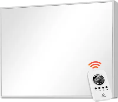 A white infrared heater with a remote control and a wireless signal icon.