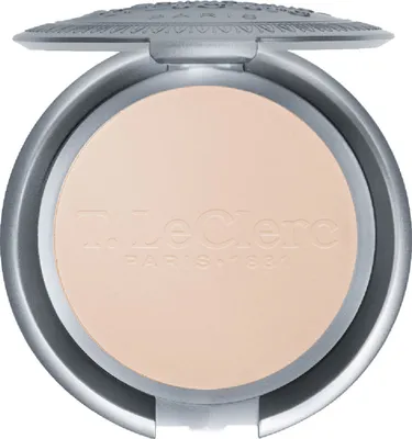 A close-up, top-down view of an open compact powder makeup product.