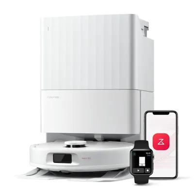 A white robot vacuum cleaner with an all-in-one dock, a smartphone, and a smartwatch are displayed against a white background.