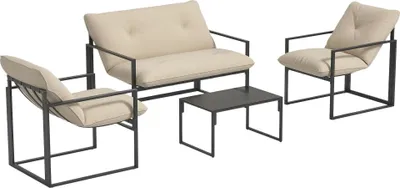 Image de Outsunny Salon de jardin extérieur 4 pièces pour 4 personnes avec canapé 2 places, 2 fauteuils et 1 table basse 3 coussins mobilier de jardin pour terrasse jardin - acier noir polyester beige