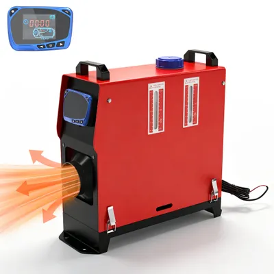 Productafbeelding van YARDIN mobiele dieselverwarming 8kW 12V, dieselverwarmingsapparaat met blauw LCD-scherm, rood-zwarte behuizing, draaibare luchtuitlaat, tijdelijke ruimteverwarming